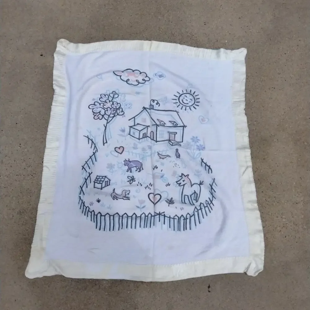 Vintage Cotton Baby Blanket Farm House Goose Cow Horse Dog 33x36